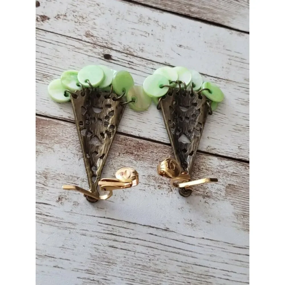 Vintage Clip On Earrings Ornate Triangular Shape Dangle with Green Circles